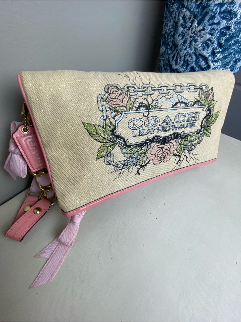Coach Limited Edition Shimmer Tattoo Rose XL Foldover Clutch - Picture 3 of 16